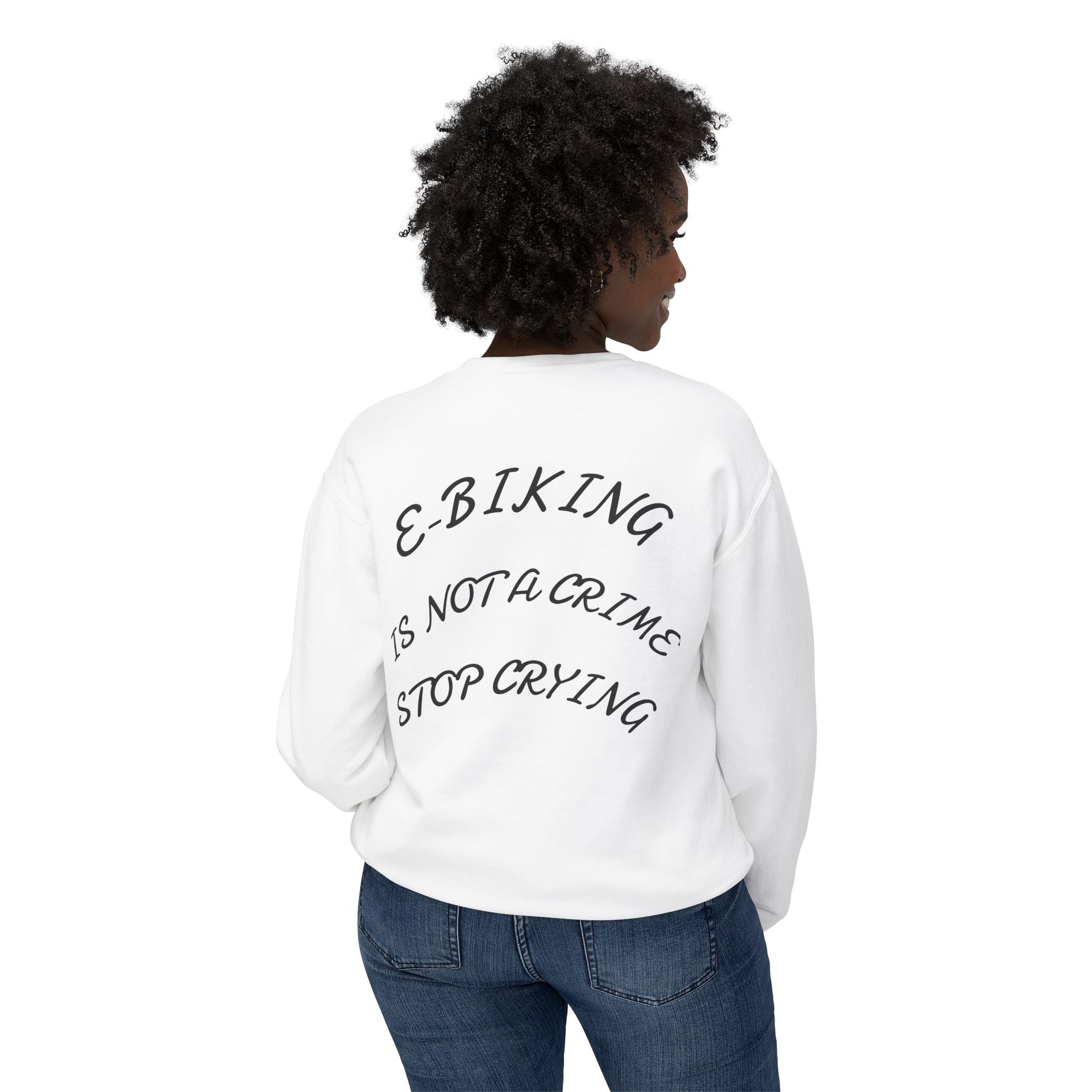 E-Biking Is Not a Crime Crewneck Sweatshirt | Minimal Planet Chest Logo