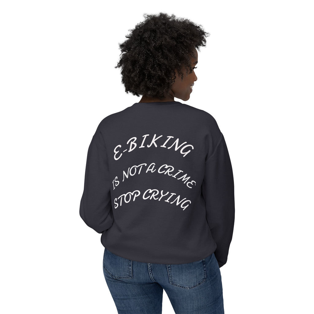 E-Biking Is Not a Crime Crewneck Sweatshirt | Minimal Planet Chest Logo