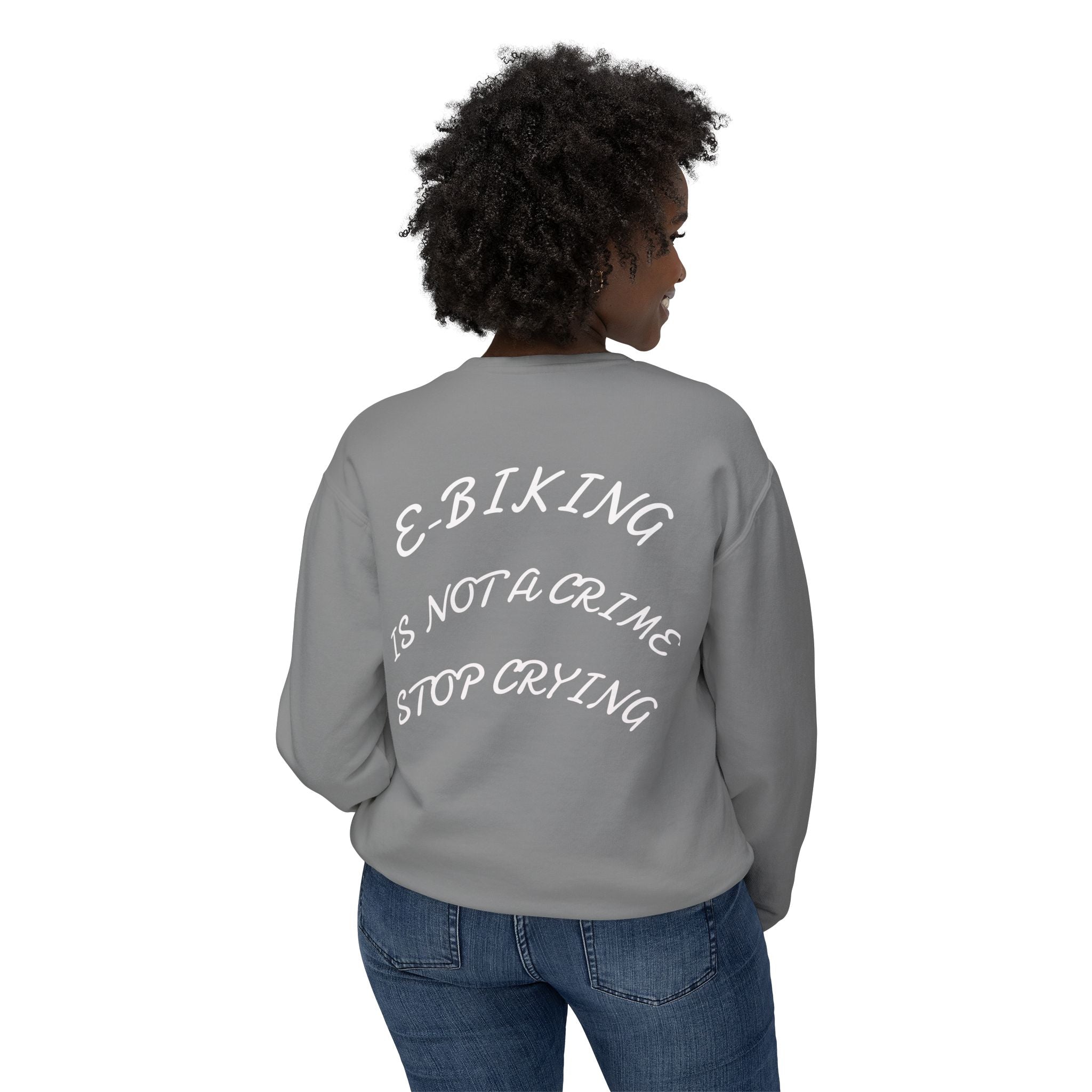 E-Biking Is Not a Crime Crewneck Sweatshirt | Minimal Planet Chest Logo